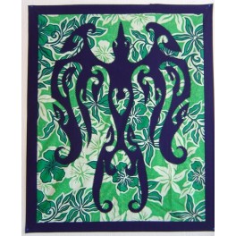 Tifaifai rectangle 90-110cm Oiseau de face Bleu marine fond Vert blanc